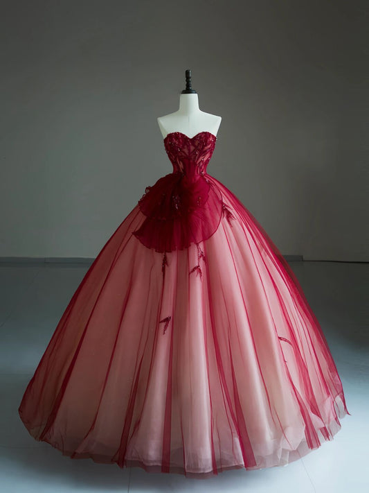Süßes Schatz-Ballkleid mit Blumenmuster, Tüll, langes rotes Quinceanera-Kleid, wunderschöne Quinceanera-Kleider, süßes 15. 16. Kleid B103