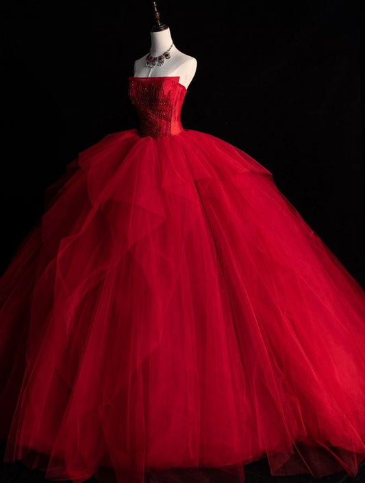 Nettes trägerloses Ballkleid aus rotem Tüll, langes Quinceanera-Kleid, wunderschöne Quinceanera-Kleider, süßes 15. 16. Kleid B104