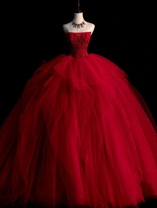 Nettes trägerloses Ballkleid aus rotem Tüll, langes Quinceanera-Kleid, wunderschöne Quinceanera-Kleider, süßes 15. 16. Kleid B104