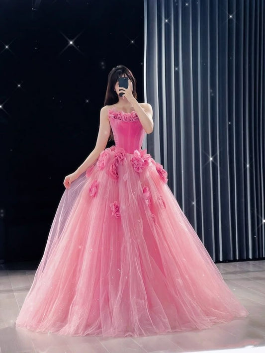 Nettes trägerloses Ballkleid Rosa Tüll Langes Quinceanera-Kleid Wunderschöne Quinceanera-Kleider Sweet 15 16 Kleid B107