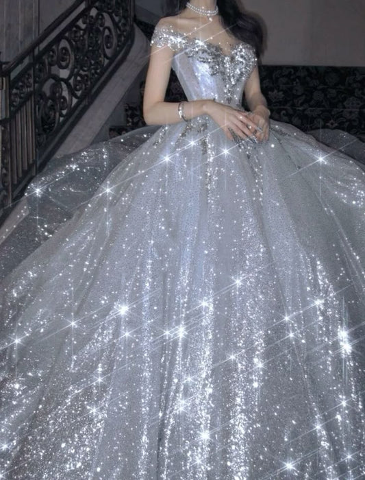 Robe de mariée longue à paillettes, épaules dénudées, style féerique, manches courtes, B11