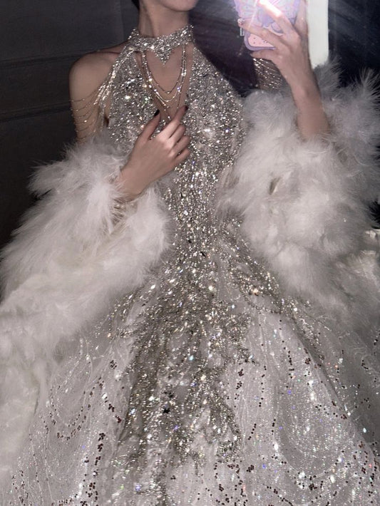 Robe de bal romantique, col haut, appliques argentées à paillettes, longue robe de mariée, robes de déesse, robes de mariée formelles B12