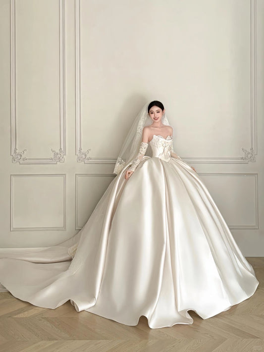 Robe de mariée longue en satin blanc, col en cœur, style féerique, robe de bal, robe de mariée formelle, B14