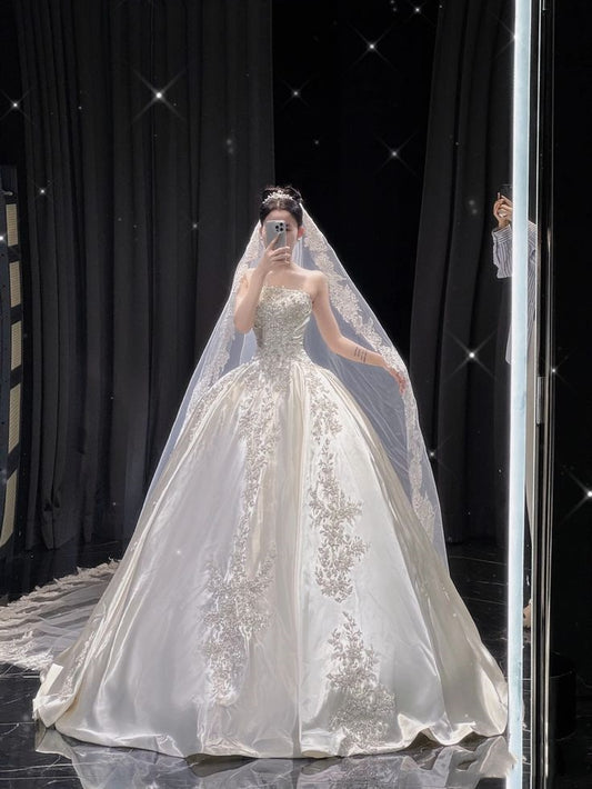 Robe de mariée longue en dentelle, robe de bal romantique, sans bretelles, avec appliques, robes de déesse, robes de mariée formelles B17