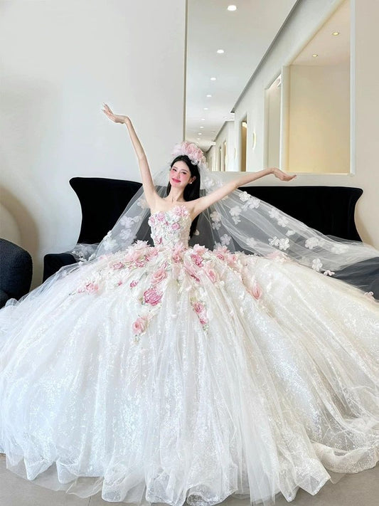 Robe de mariée longue en tulle blanc, sans bretelles, style féerique, style princesse, style princesse, B19
