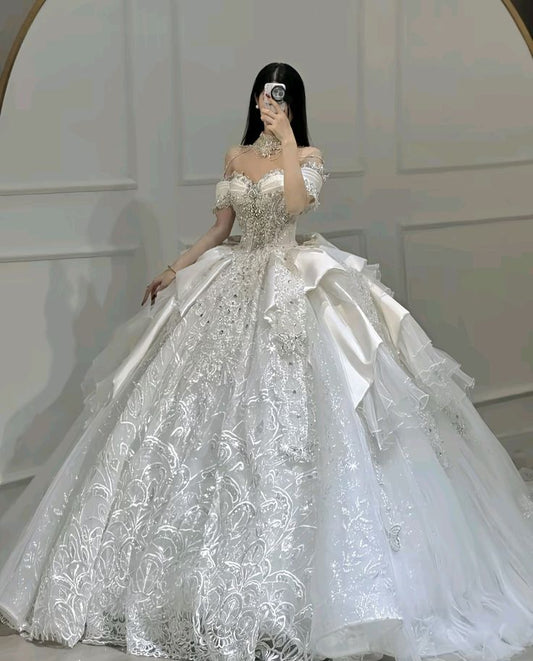 Robe de mariée longue en tulle et dentelle, épaules dénudées, style féerique, manches courtes, B21