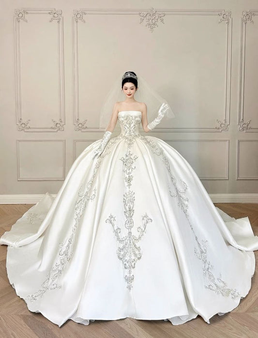 Robe de mariée longue en satin blanc, décolleté bustier, style féerique, robe de bal, robe de mariée formelle, B22