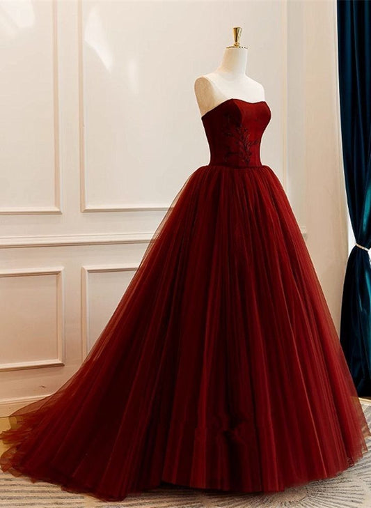 Ästhetisches trägerloses Ballkleid Burgunder Tüll Langes Quinceanera-Kleid 2000er Quinceanera-Kleider Sweet 15 16 Kleid B225