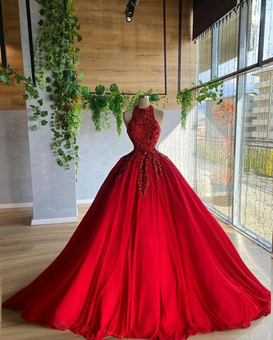 Ästhetisches Ballkleid mit hohem Halsausschnitt, rotem Tüll, langes Quinceanera-Kleid, 2000er-Jahre-Quinceanera-Kleid, süßes 15./16. Kleid B226