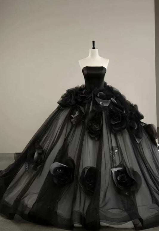 Ästhetisches Ballkleid, trägerlos, schwarz, Tüll, langes Quinceanera-Kleid, 2000er-Jahre-Quinceanera-Kleid, Sweet 15/16-Kleid, B229