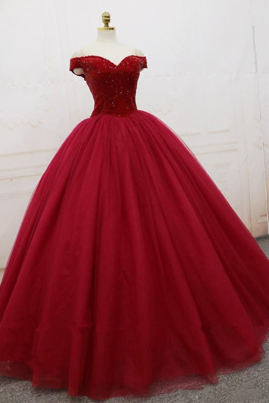 Ballkleid Weg Von Der Schulter Tüll Rot Kurzen Ärmeln Lange Quinceanera Kleider Sexy Quinceanera Kleider B231