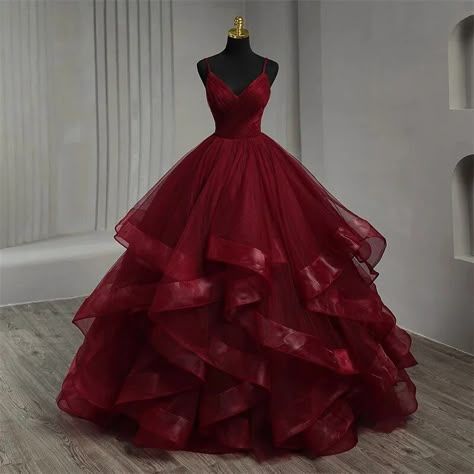 Ästhetisches Ballkleid Spaghettiträger Burgunder Tüll Langes Quinceanera Kleid 2000er Quinceanera Kleider Sweet 15 16 Kleid B237