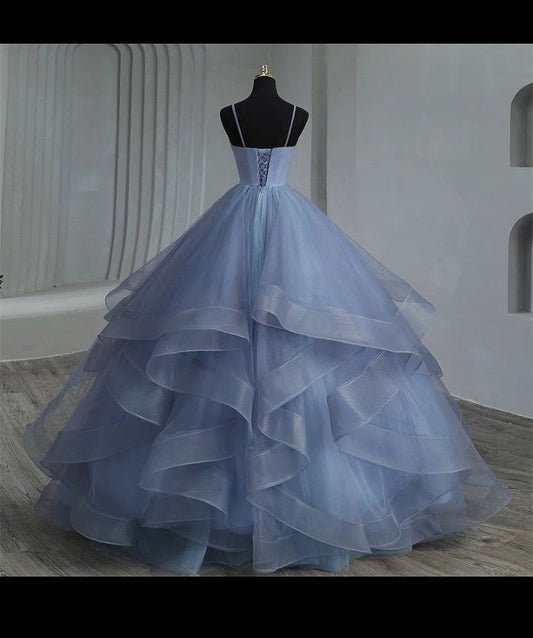 Ästhetisches Ballkleid Spaghettiträger Blau Tüll Langes Quinceanera Kleid 2000er Quinceanera Kleider Sweet 15 16 Kleid B238