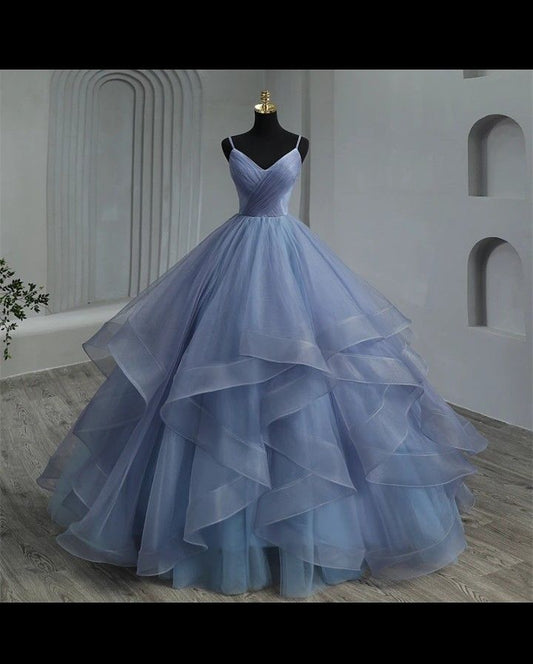 Ästhetisches Ballkleid Spaghettiträger Blau Tüll Langes Quinceanera Kleid 2000er Quinceanera Kleider Sweet 15 16 Kleid B238