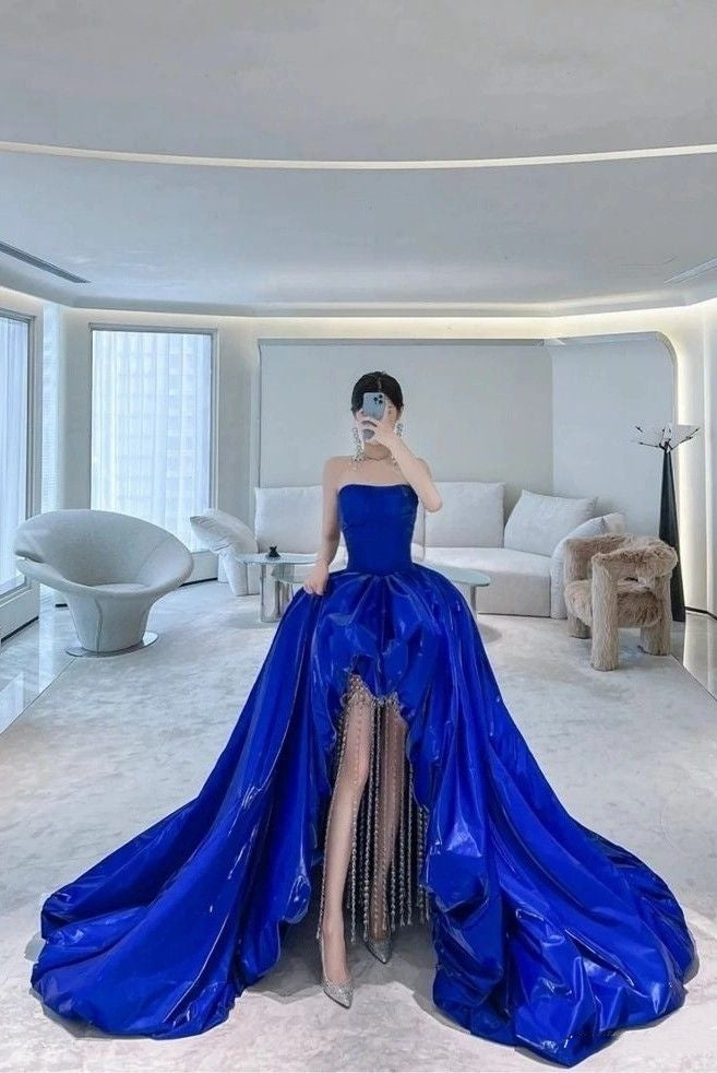 Modest High Low Strapless Royal Blue Prom Dresses Inspiration Trending Prom Gowns Princess Formal Prom Dress B239