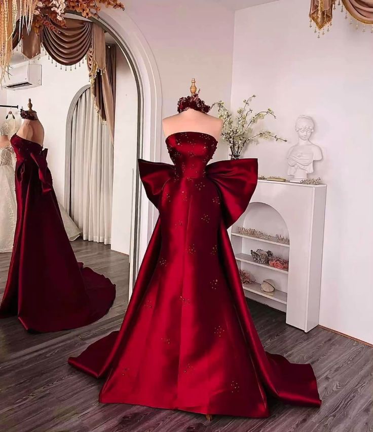 Modest Mermaid Strapless Burgundy Satin Prom Dresses Inspiration Trending Prom Gowns Princess Formal Prom Dress B244