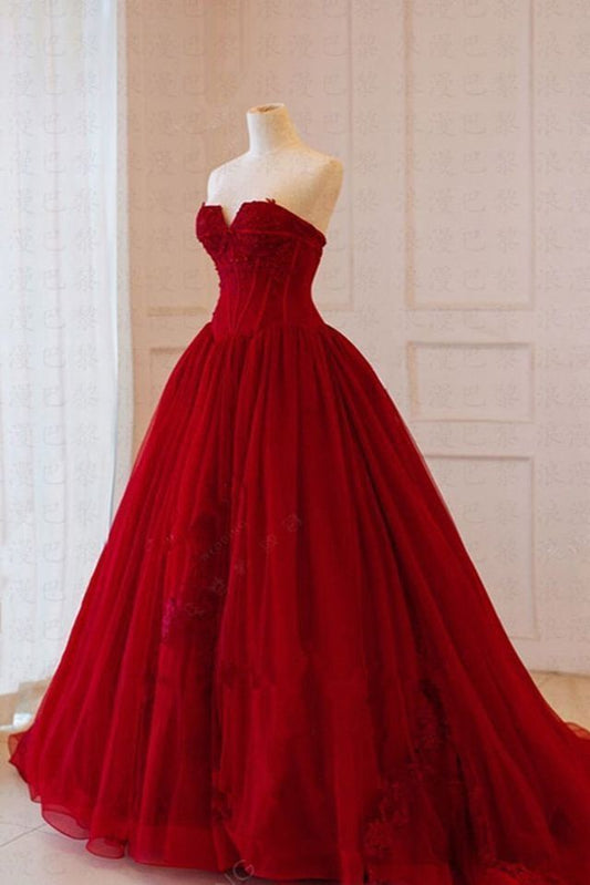 Modest Ball Gown Strapless Red Tulle Prom Dresses Inspiration Trending Prom Gowns Princess Formal Prom Dress B246