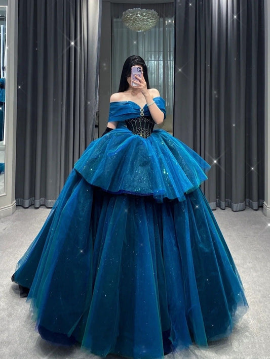 Modest Ballkleid Weg Von Der Schulter Blau Tüll Lange Quinceanera Kleider Sexy Quinceanera Kleider Süße 16 Kleid B252