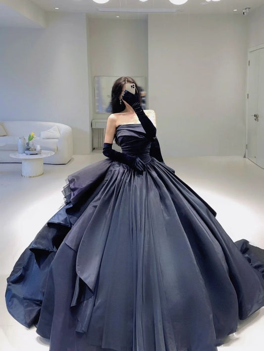 Schlichtes Ballkleid, trägerlos, marineblau, Satin, lang, Quinceanera-Kleider, Inspiration, trendige Ballkleider, Prinzessin, formelles Ballkleid B254