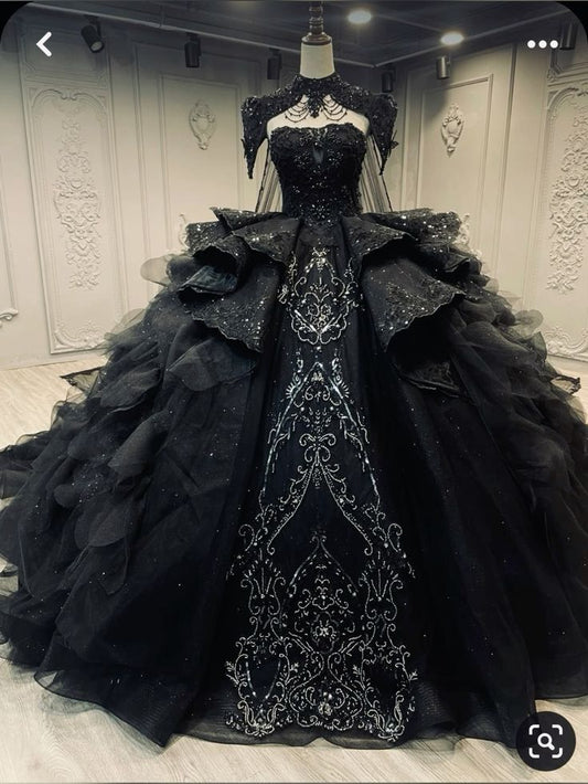 Modest Ballkleid Trägerloses Schwarzes Appliques Tüll Lange Quinceanera Kleider Sexy Quinceanera Kleider Süße 16 Kleid B255