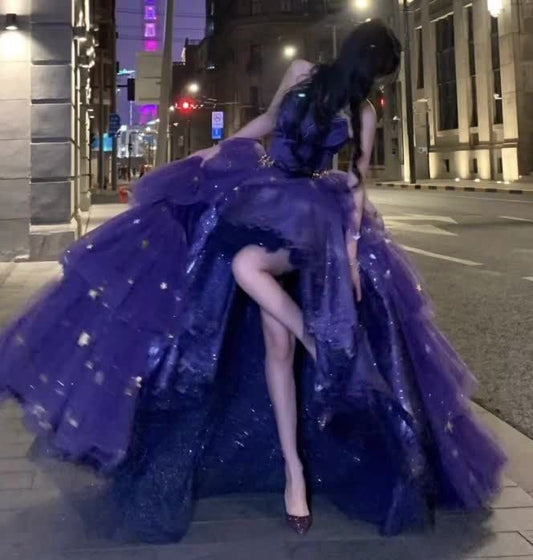 Modest Ballkleid Trägerlosen Grape Appliques High Low Quinceanera Kleider Sexy Quinceanera Kleider Süße 16 Kleid B256