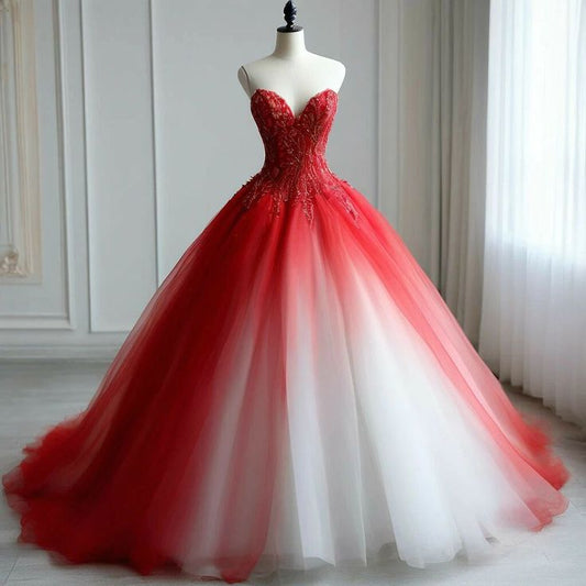 Modest Ballkleid Schatz Tüll Rot Ombre Weiß Lange Quinceanera Kleider Appliques Quinceanera Kleider Süße 16 Kleid B262