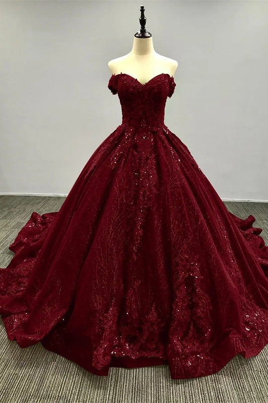 Bescheidenes Ballkleid aus der Schulter Burgund Pailletten lange Quinceanera Kleider Geburtstag Outfits Kleider süße 15 16 Kleid B264