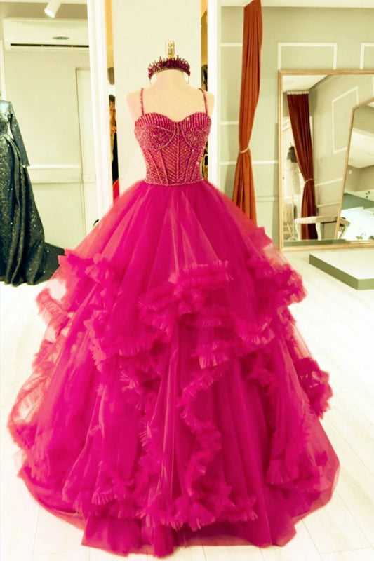 Modest Ballkleid Riemen Pink Tüll Lange Quinceanera Kleider Sexy Abendkleider Süße 16 Kleid B266