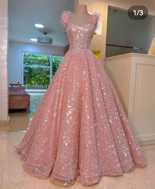 Princess Ball Gown Spaghetti Straps Pink Sequin Feathers Long Prom Dresses Inspiration Sparkle Evening Gowns Formal Dress B275