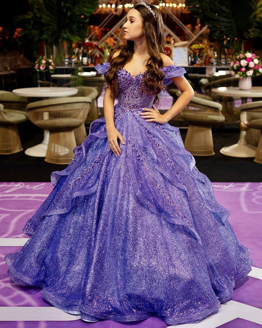 Quinceanera Kleider Ballkleid aus der Schulter Trauben funkelnde Geburtstags-Abschlussballkleider Vestidos de 15 Anos Formale Party Langes süßes 15. 16. Kleid B280