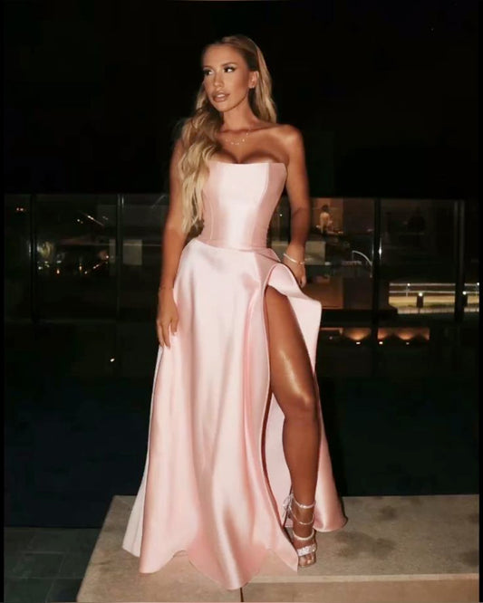 Sexy A line Strapless Satin Pink Slit Long Prom Dresses Inspiration Trending Evening Gowns Formal Prom Dress B289