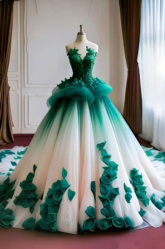 Süßes trägerloses Ballkleid Sweetheart Blumenspitze Langes Quinceanera-Kleid Wunderschöne grüne Ballkleider Sweet 15 16 Kleid B291