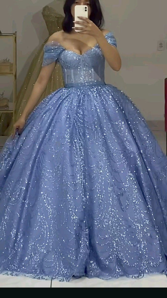 Beautiful Ball Gown Off The Shoulder Sequin Blue Prom Dresses Inspiration Prom Dress Princess Graduation Dress B294