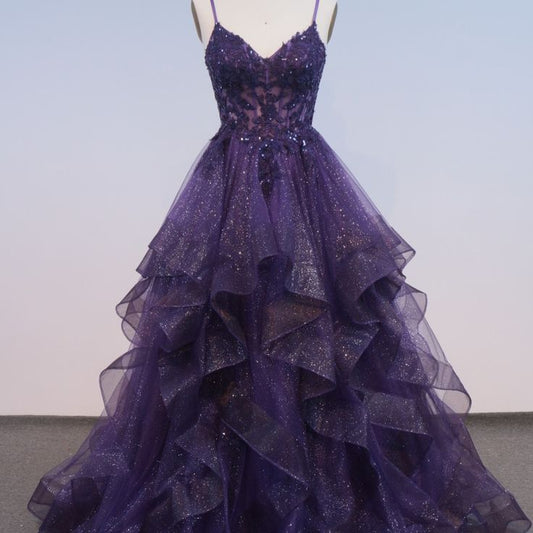 Sexy Ball Gown Spaghetti Straps Grape Sequin Long Prom Dresses Inspiration Trending Evening Gowns Formal Prom Dress B296