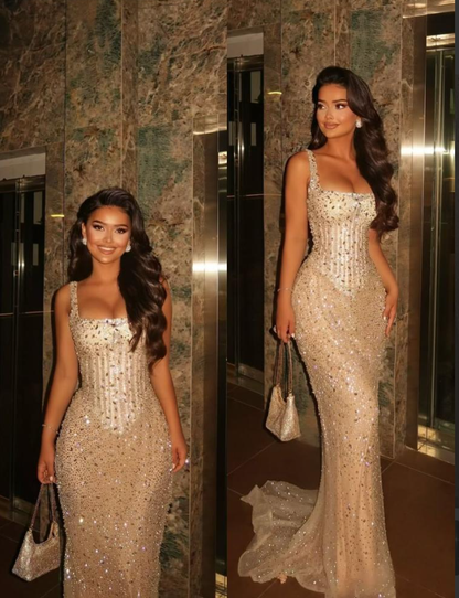 Robe de bal longue de fin d'année, style sirène scintillante, col carré, sequins champagne, référence N1320
