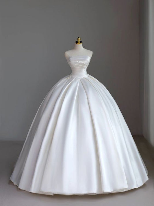 Robe de mariée longue en satin blanc, robe de bal modeste, sans bretelles, robe de mariée formelle féerique, robes de mariée B30