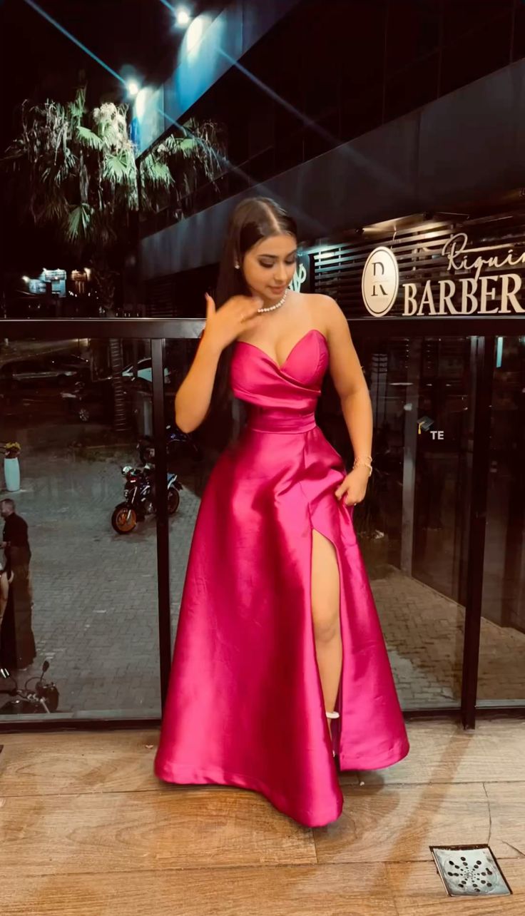 Sexy A Line Sweetheart Satin Hot Pink Slit Long Prom Dresses Inspiration Prom Gowns Formal Birthday Dress B303