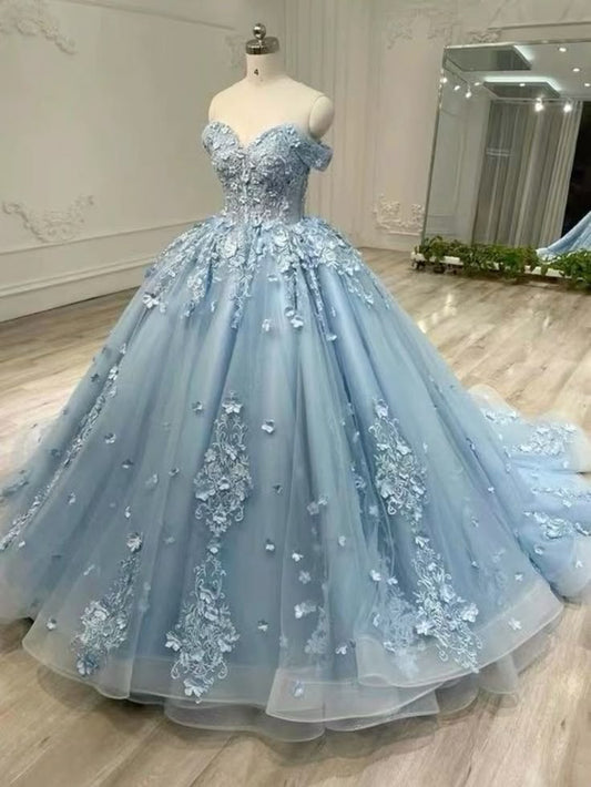Bescheidene Quinceanera-Kleider Ballkleid aus der Schulter Hellhimmelblau Geburtstagskleider Vestidos de 15 Anos Formale Party Langes süßes 15. 16. Kleid B308