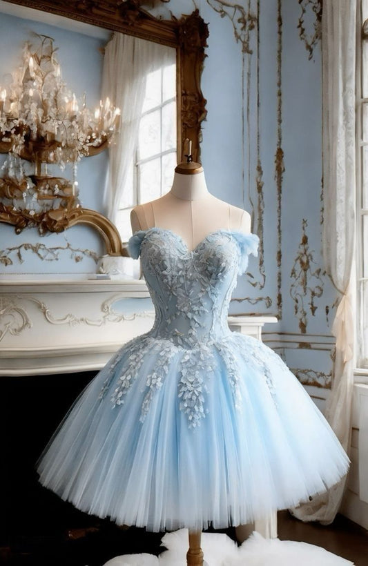 Wunderschönes Ballkleid aus der Schulter Hellblaue Spitze Kurzes Geburtstagskleid Homecoming Kleider B323
