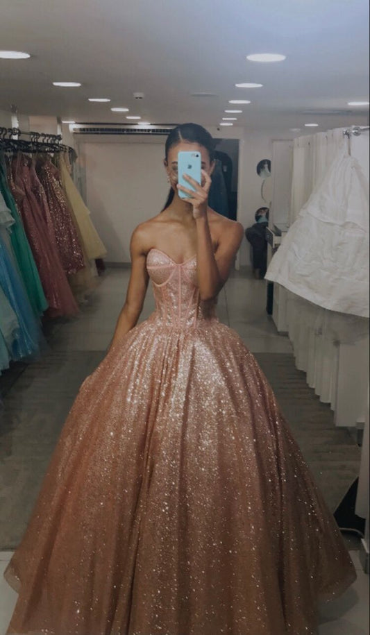 Elegant Ball Gown Sweetheart Pink Sequin Long Prom Dresses Inspiration Trending Evening Gowns Formal Prom Dress B326