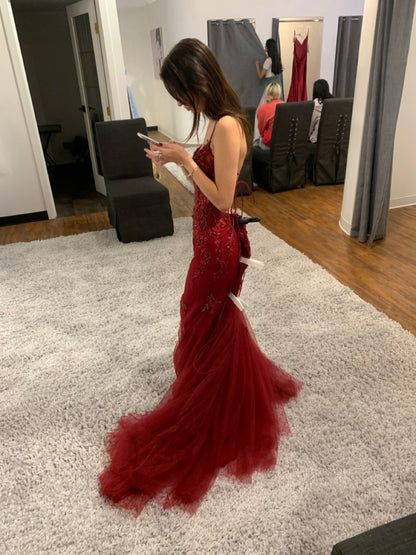 Beautiful Mermaid Spaghetti Straps Burgundy Lace Tulle Prom Dresses Inspiration Prom Dress Princess Graduation Dress B337