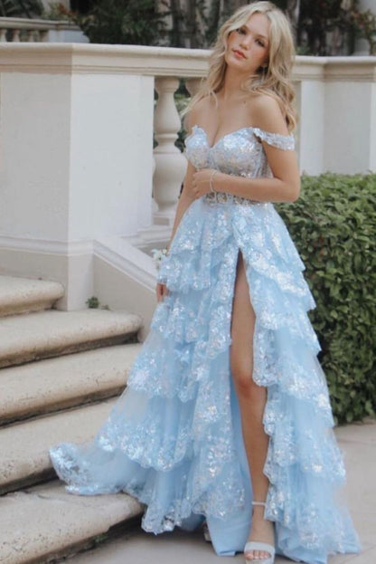 Beautiful Ball Gown Off The Shoulder Pink Lace Slit Prom Dresses Inspiration Prom Dress Princess Graduation Dress B339