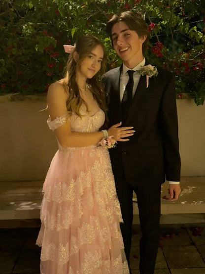 Beautiful Ball Gown Off The Shoulder Pink Lace Slit Prom Dresses Inspiration Prom Dress Princess Graduation Dress B339