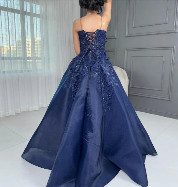 Elegant Ball Gown Strapless Navy Blue Lace Tulle Long Prom Dresses Ins – RubyFashionDress