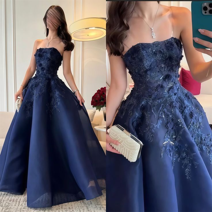 Elegantes Ballkleid, trägerlos, marineblau, Spitze, Tüll, lange Ballkleider, Inspiration, trendige Abendkleider, formelles Ballkleid B340
