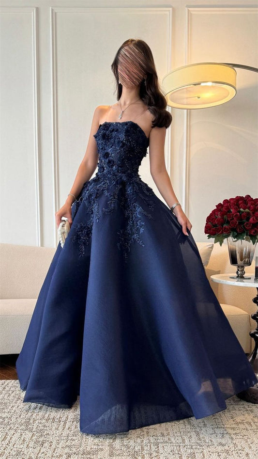 Elegant Ball Gown Strapless Navy Blue Lace Tulle Long Prom Dresses Inspiration Trending Evening Gowns Formal Prom Dress B340