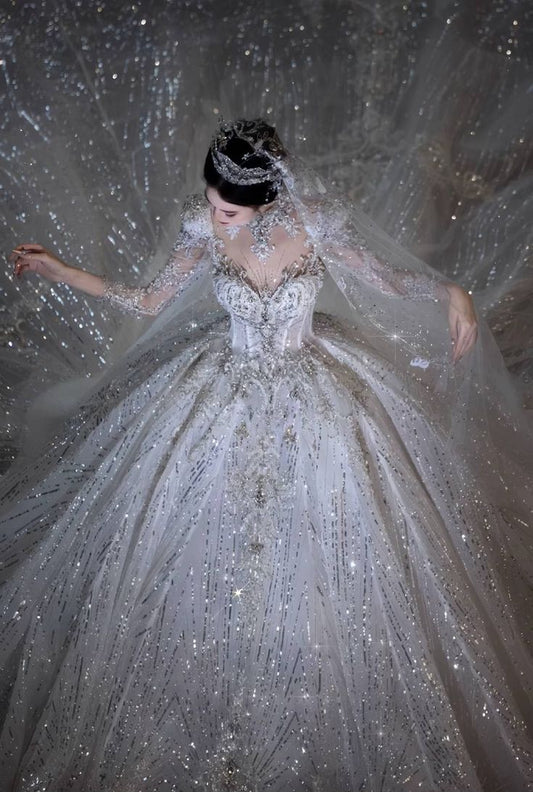 Robe de mariée longue blanche en tulle, col en cœur, manches longues, élégante, robe de bal, B05