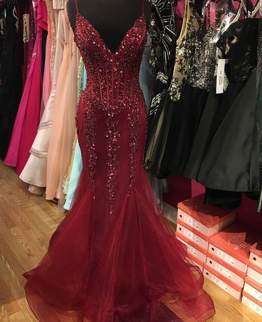 Elegant Mermaid Spaghetti Straps Burgundy Tulle Long Prom Dresses Inspiration Trending Evening Gowns Formal Party Prom Dress B354