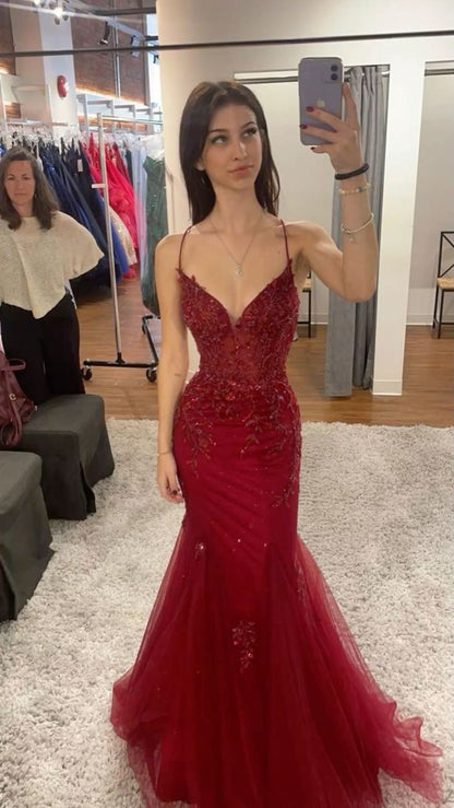 Sexy Mermaid Spaghetti Straps Burgundy Lace Tulle Prom Dresses Inspiration Prom Dress Princess Graduation Dress B355