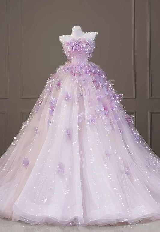 Süßes trägerloses Ballkleid mit Blumenmuster, Tüll, langes lila Quinceanera-Kleid, wunderschöne Quinceanera-Kleider, Sweet 15 16 Kleid B36